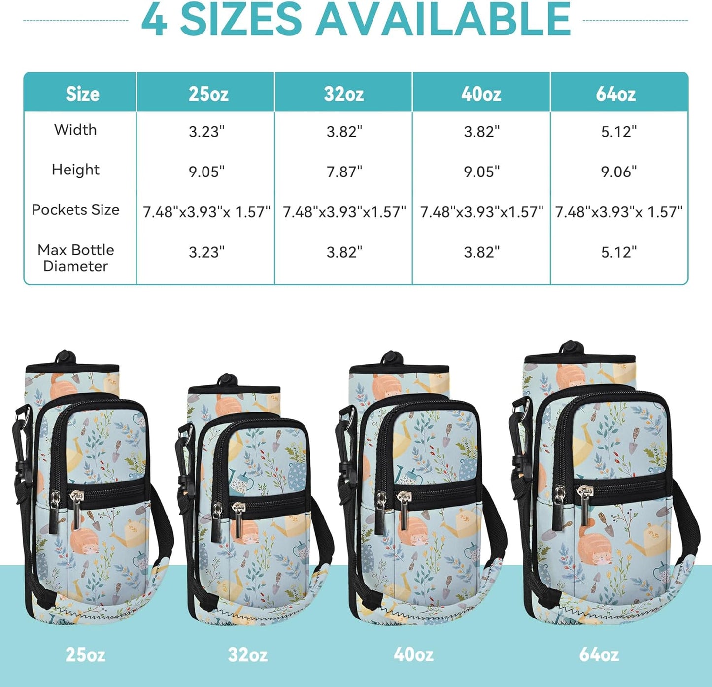 25/32/40/64oz Water Bottle Bag Holder Carrier-Insulated Crossbody Sling Case Sleeve with Strap & Pockets for Men Women Gym Cycling Travel Walking Hiking Camping