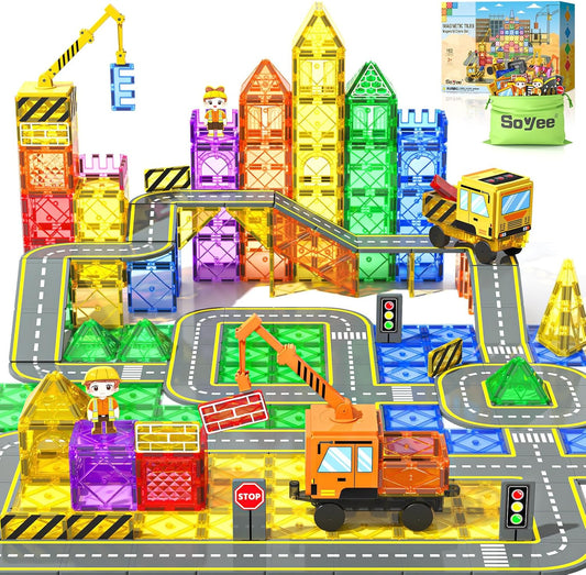 102 PCS Magnetic Tiles with 2 Cars & 2 Cranes Magnet Construction Building Kids Toys for Creative Play and STEM Learning Boys Toys & Gifts for 3-12