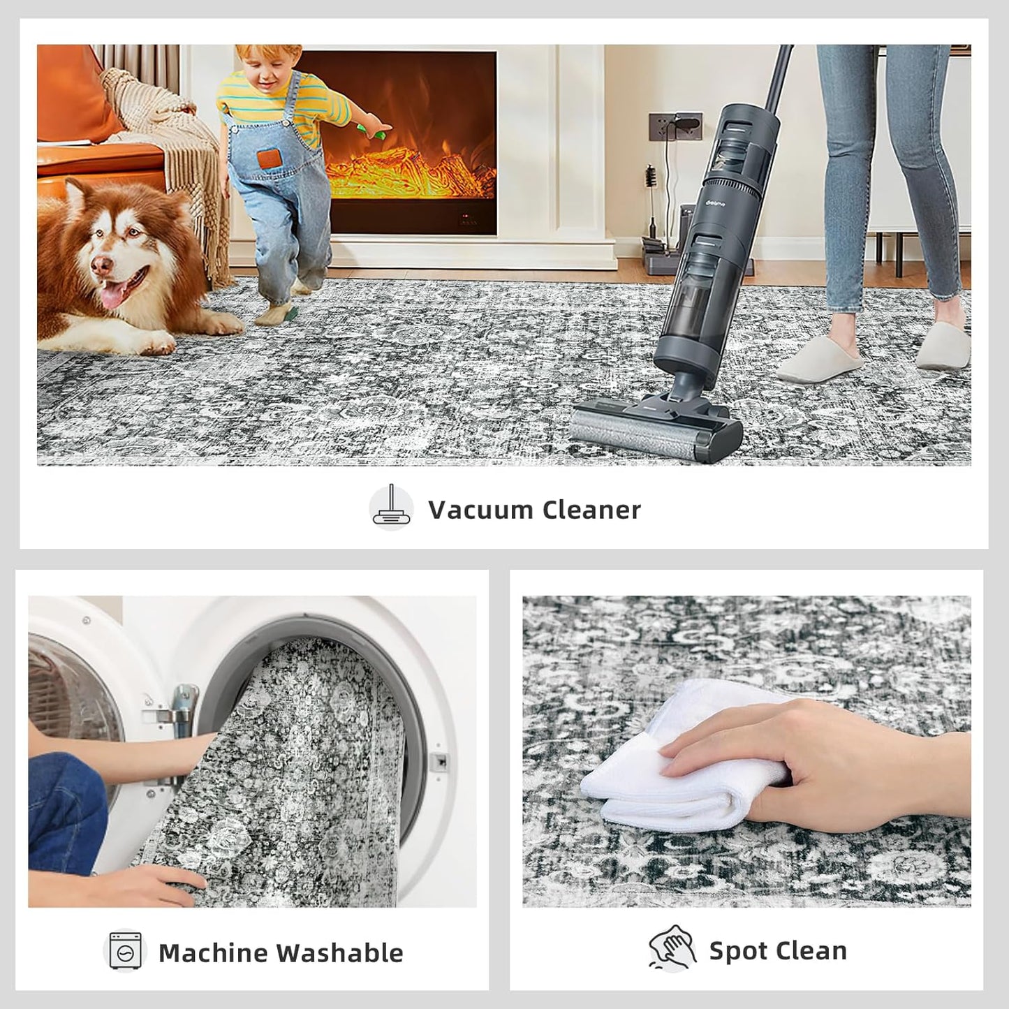 Area Rugs 5x7 - Grey Area Rug for Living Room, Bedroom & Dining Room - Soft Faux Wool, Low-Pile Distressed Carpet Print Floor Covering