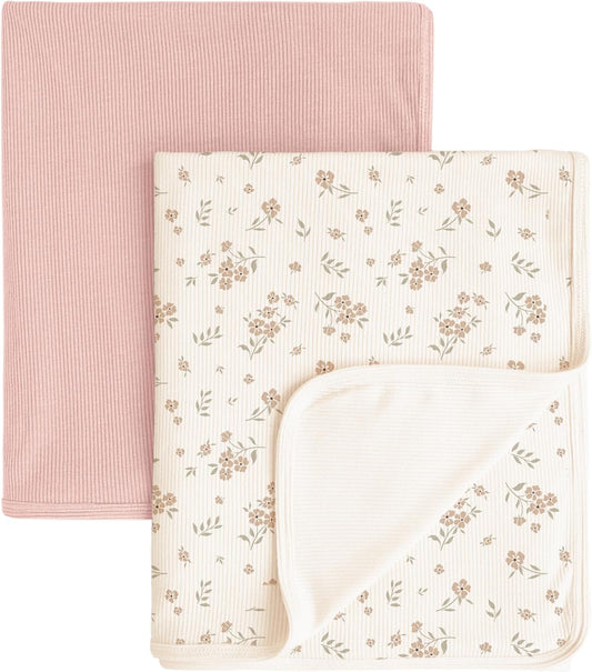 Konssy Knit Baby Blanket 2 Pack, Soft Ribbed Swaddle Receiving Blankets for Boys & Girls, Lightweight Cozy Swaddling Wrap for Newborns, Infants, & Toddlers, 33x42 Inch (Blossom,Pink)