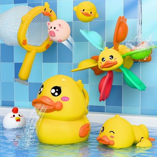 iPlay, iLearn Baby Duck Bath Toy, Toddler Bathtub Suction Water Spinner Gear, Kid Shower Fishing Game W/ Net, Light up Animal, Wind up Swimming Duck, Birthday Gift 6 9 12 Month 1 2 3 Year Old Boy Girl