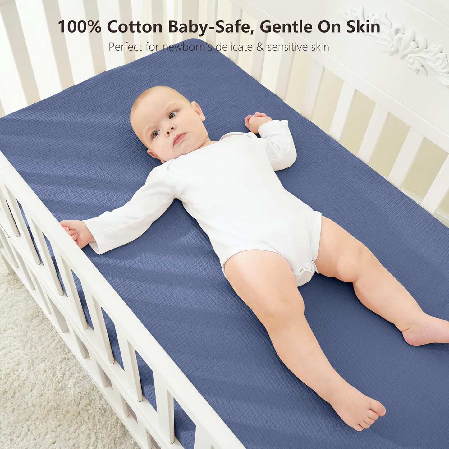 Bearmoss Muslin Crib Sheets 100% Cotton Baby Crib Sheets Soft&Breathable Nursery Sheet 52"x28" for Standard Crib Mattress&Toddler Bed Mattress - 2 Pack (Blue Crescent)