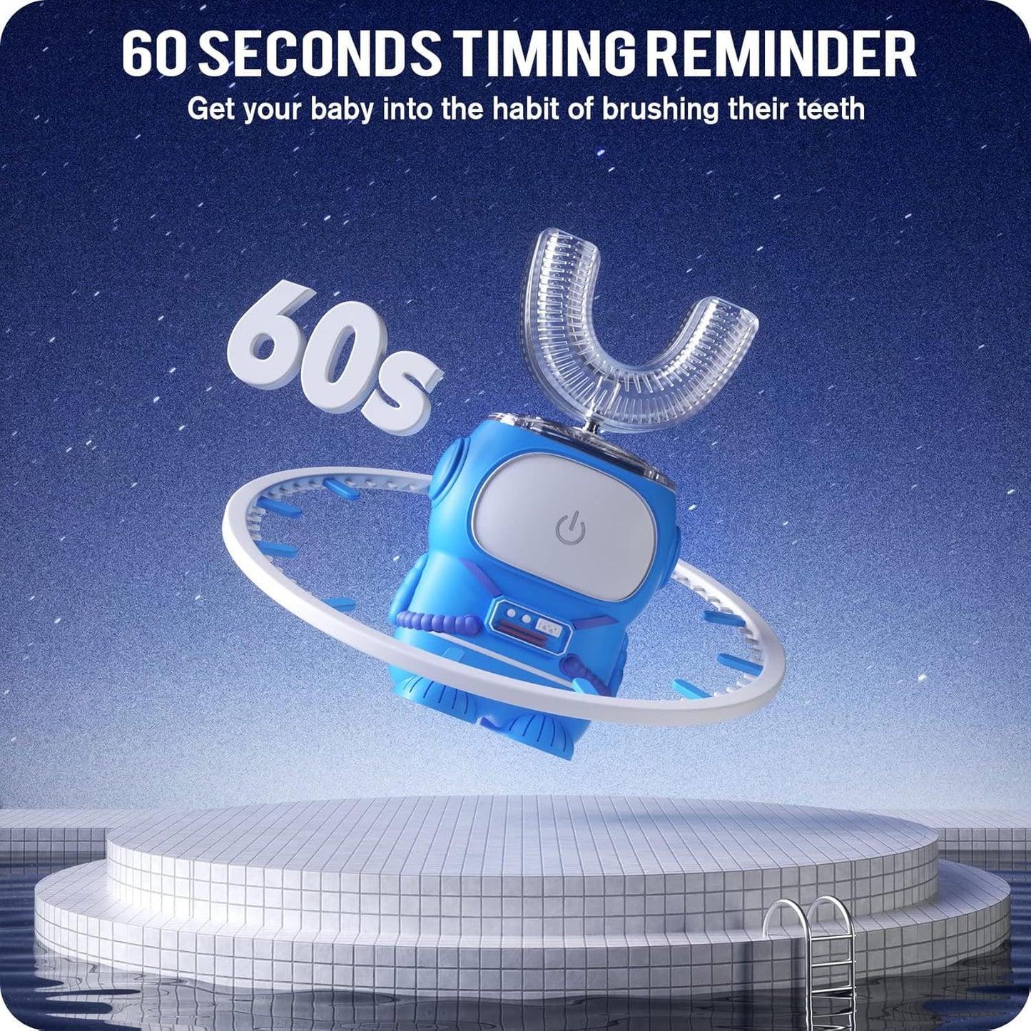 RexCodar Ultrasonic Kid's U-Shaped Electric Toothbrush, IPX7 Waterproof, Five Cleaning Modes, 60S Smart Reminder (Blue Ages 6-12)