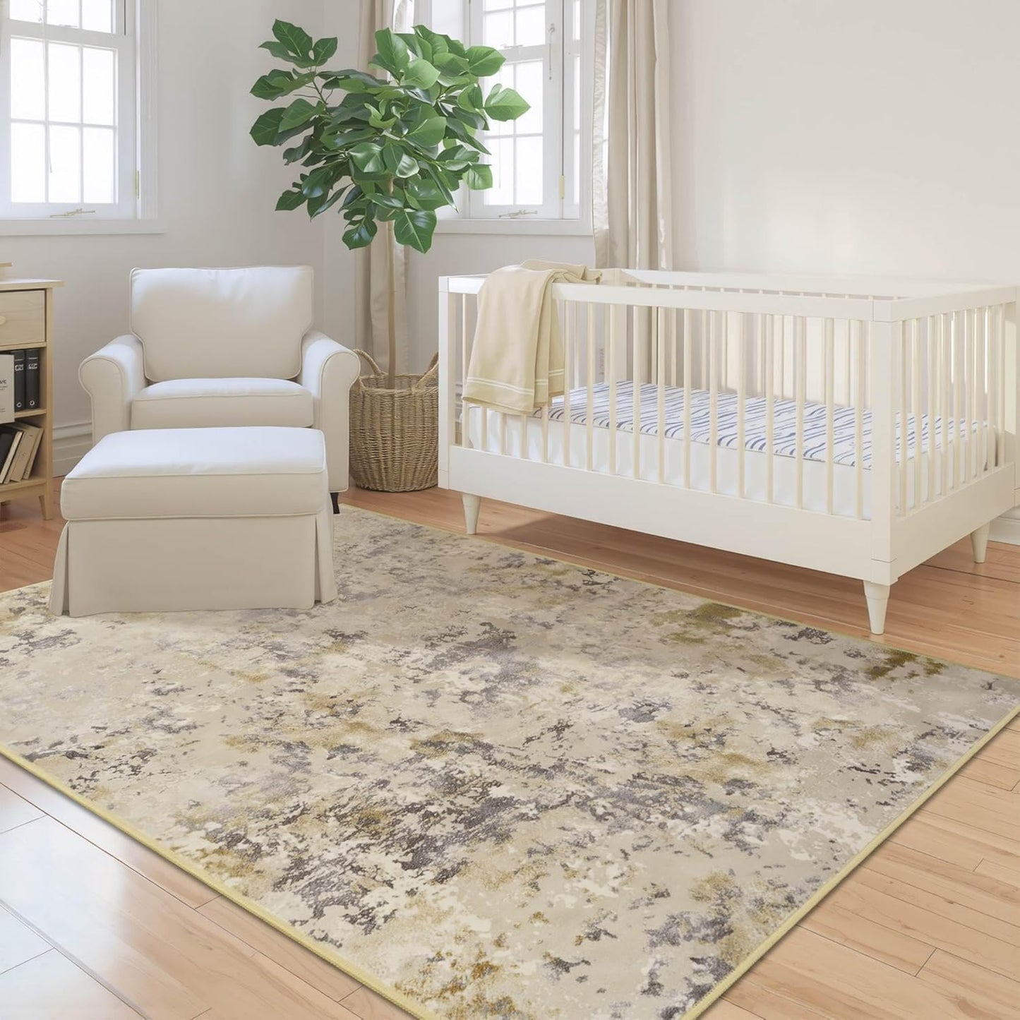 Area Rug 4x6 Washable Beige Rug for Bedroom, Abstract Modern Living Room Rugs Non Slip Low Pile, Carpet for Kitchen, Nursery, Kids Room, Office