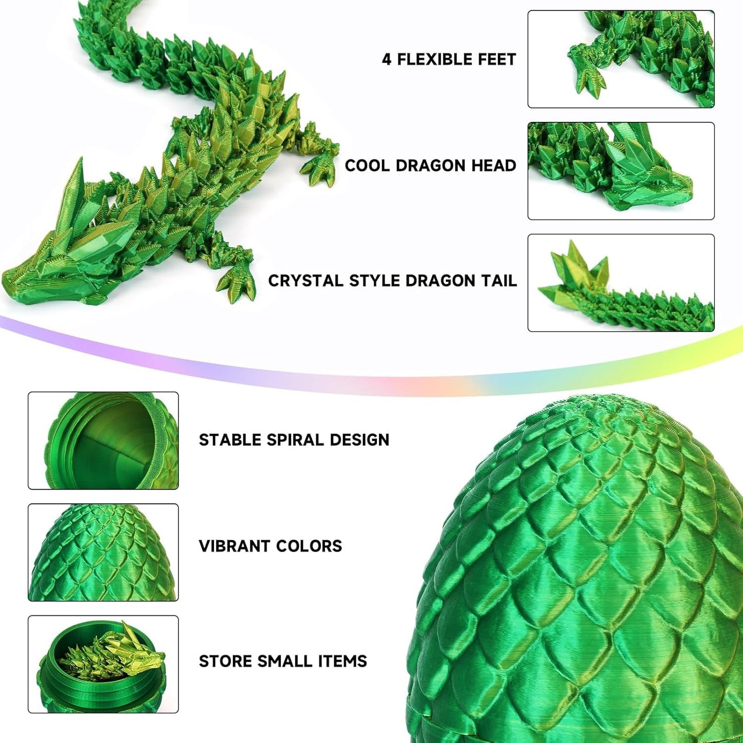 3D Printed Dragon Egg, Dragon Eggs with Dragon Inside, Crystal Articulated Dragon, Mystery Dragon Egg Fidget Toy, 3D Dragon Eggs Surprise Fidget Toy (Laser Yellow Green)