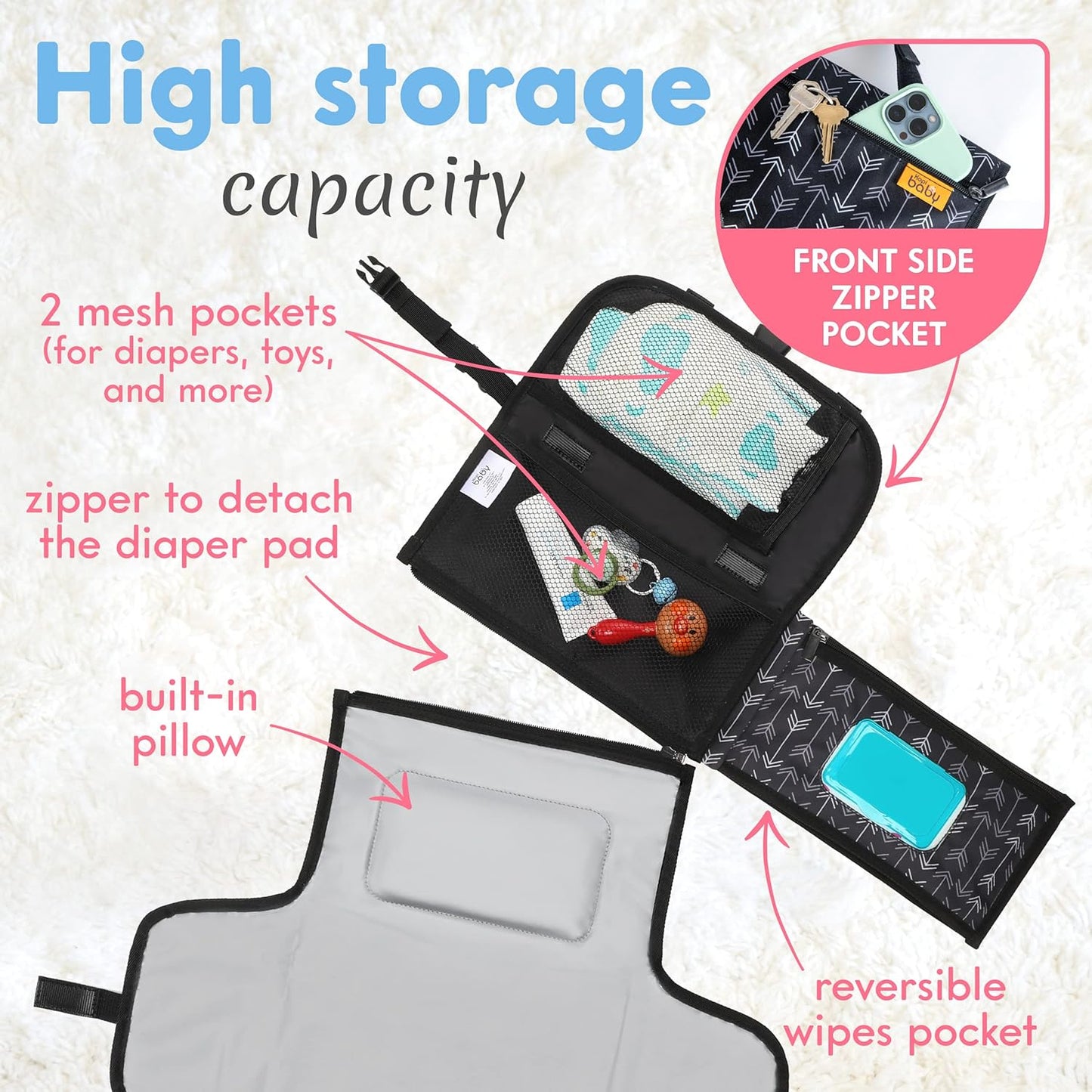 Kopi Baby Portable Diaper Changing Pad - Baby Diaper Changer Travel Bag with Wipes Pocket, Smart Design Portable Changing Mat, Infant Travel Station Kit, Gift for Newborn - Black Arrows, Classic