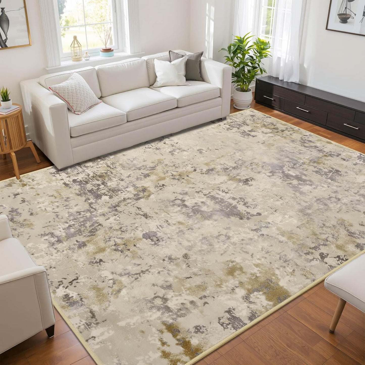 8x10 Beige Area Washable Rugs for Living Room, Abstract Modern Non Slip Bedroom Rugs, Neutral Large Low Pile Carpet Stain Resistant for Dining Room, Kids Playroom, Office