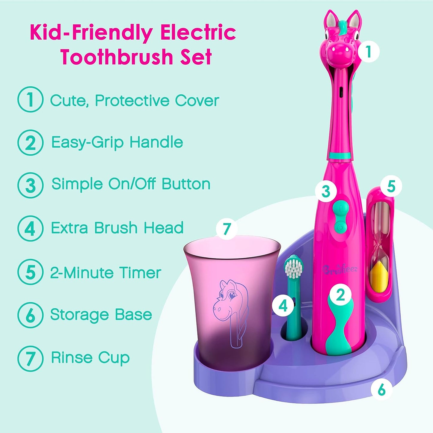 Brusheez Kids’ Electric Toothbrush Set - Safe & Effective for Ages 3+ - Parent Tested & Approved with Gentle Bristles, 2 Brush Heads, Rinse Cup, 2-Minute Timer, & Storage Base (Prancy The Pony)