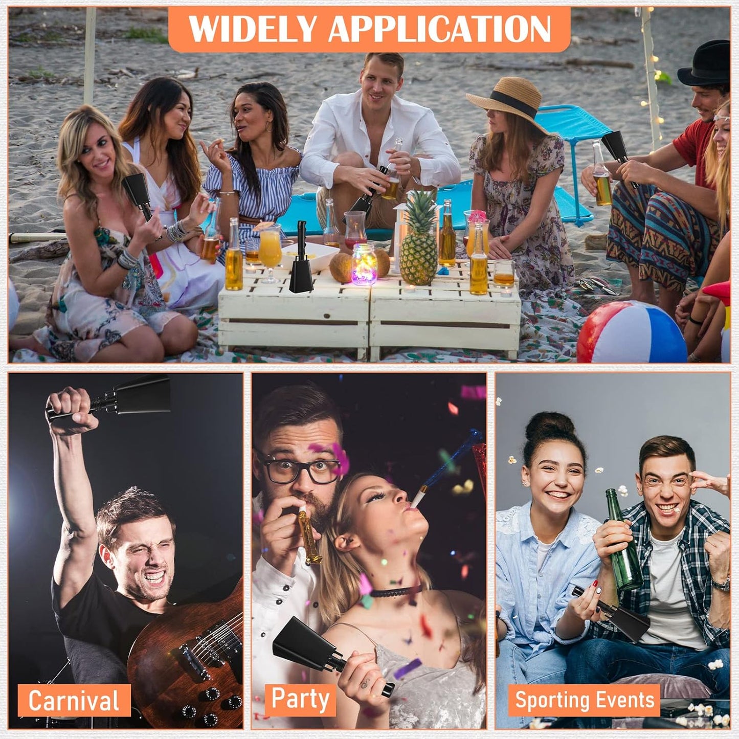 24 Pcs Cow Bell Cheering Bell Cow Bells Noise Makers for Sporting Events Football Cowbell with Handle Loud Musical Instrument for Sports School Classroom Alarm(black,9 '')