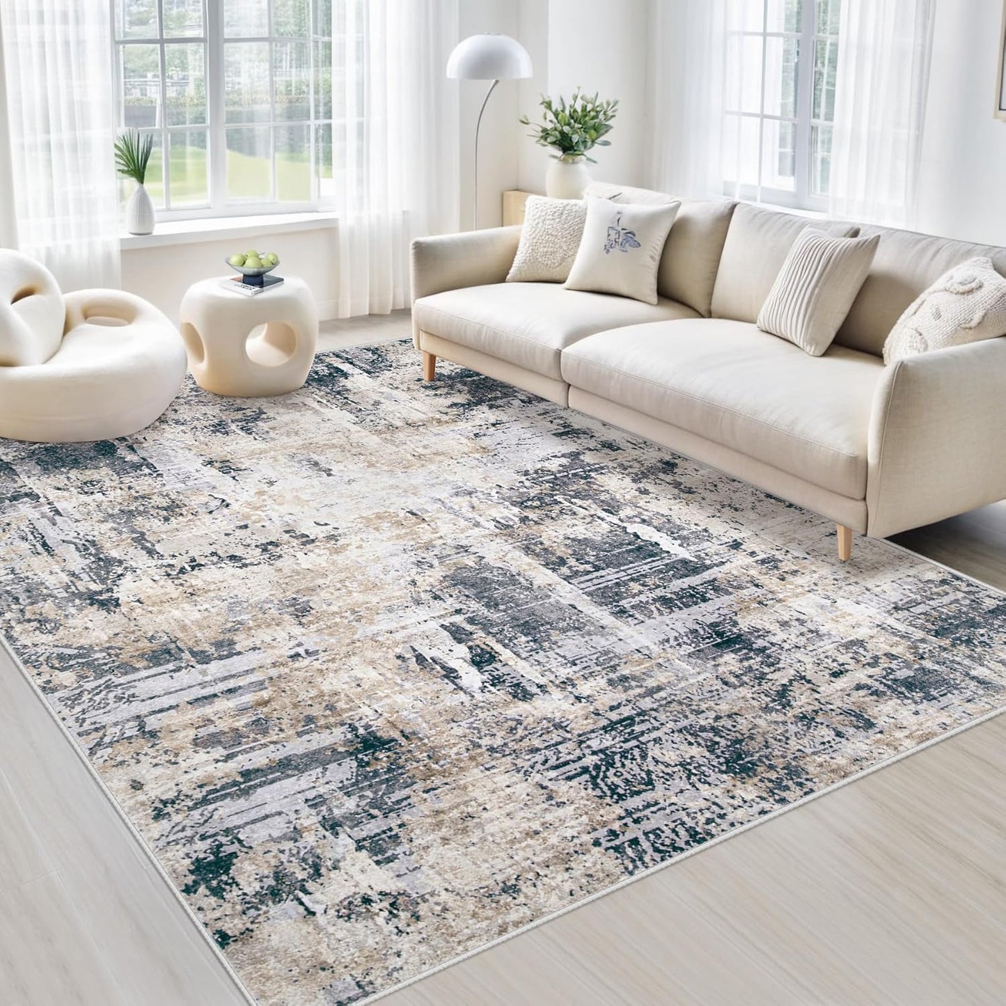 Area Rugs 5x7 Living Room: Washable Rug Modern Abstract Rugs Soft Non Slip Neutral Rug Stain Resistant Indoor Carpet for Bedroom Kitchen Dining Room Nursery Home Office Rugs(Black Brown,5'x7')