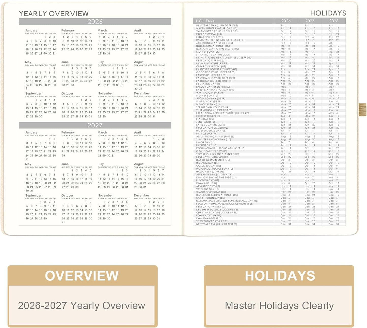 2026 Planner - JAN 2026 - DEC 2026, Planner 2026, Weekly and Monthly Planners, Leather Cover Planners with Thick Paper, Back Pocket with Notes Pages, Seashell Gold (8.5" x 11")