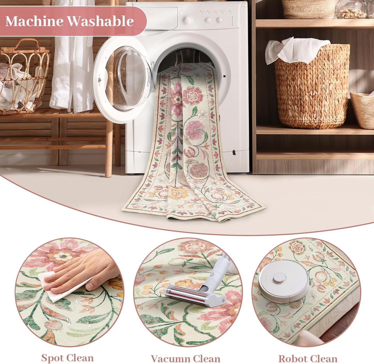 Anidaroel Boho Rugs for Bedroom, Washable Area Rugs 5X7 Soft Rug for Living Room, Non Slip Distressed Beige Floral Rug, Stain Resistant Indoor Carpet for Bedside Apartment Foyer