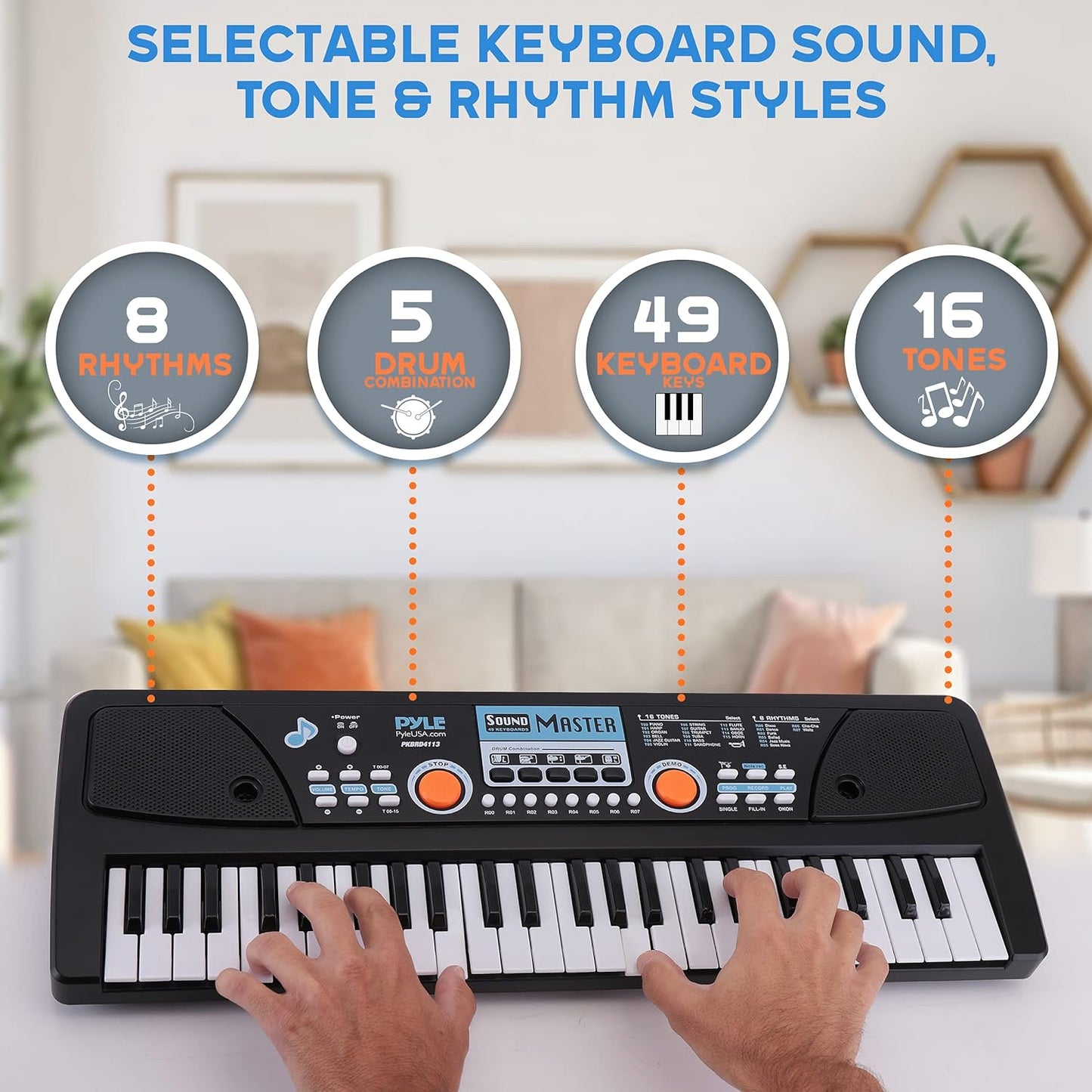 Pyle Electric Keyboard Piano - 49-Key Portable Digital Karaoke Piano with Stereo Speakers, Rechargeable Battery, and Wired Microphone for Beginners, Kids, Adults - 8 Rhythms, 16 Tones