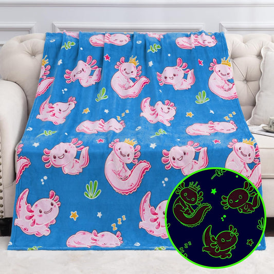 Axolotl Glow in The Dark Throw Blanket - 60"x50" Soft Glowing Kids Blanket for 3-10 Year Old Boys Girls, Gift for Birthday Christmas
