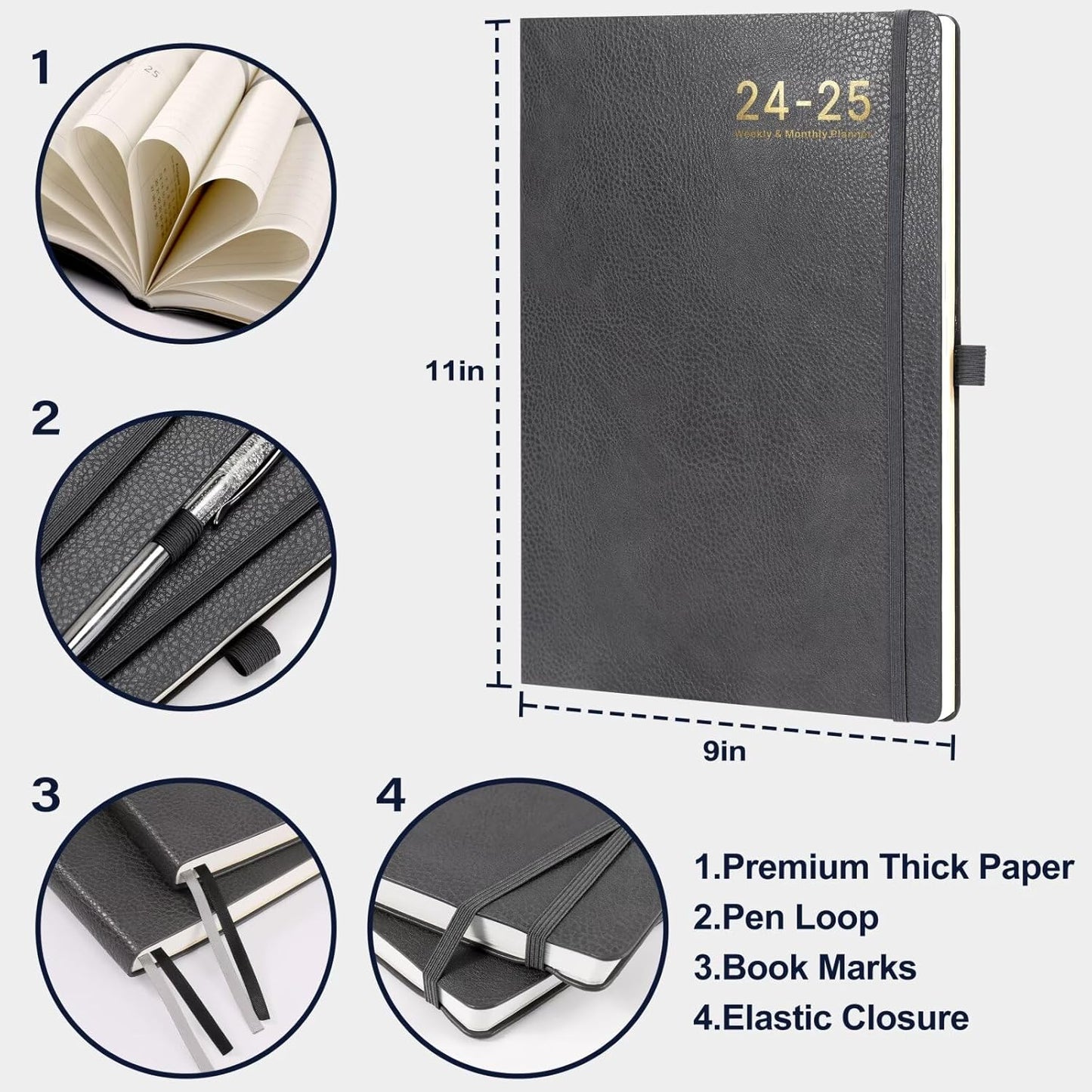2024-2025 Planner - 2025 Planner Weekly and Monthly, Jul. 2024 - Jun. 2025, 8.5" x 11", Leather Cover Planner with Thick Paper, Back Pocket with Notes Pages - Grey