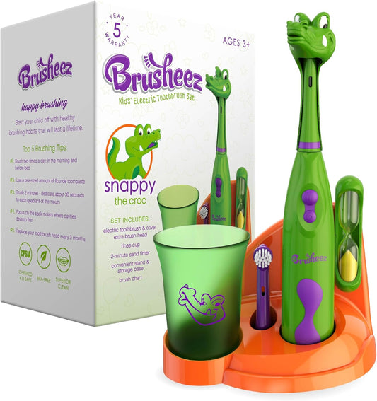 Brusheez Kids’ Electric Toothbrush Set - Safe & Effective for Ages 3+ - Parent Tested & Approved with Gentle Bristles, 2 Brush Heads, Rinse Cup, 2-Minute Timer, & Storage Base (Snappy The Croc)