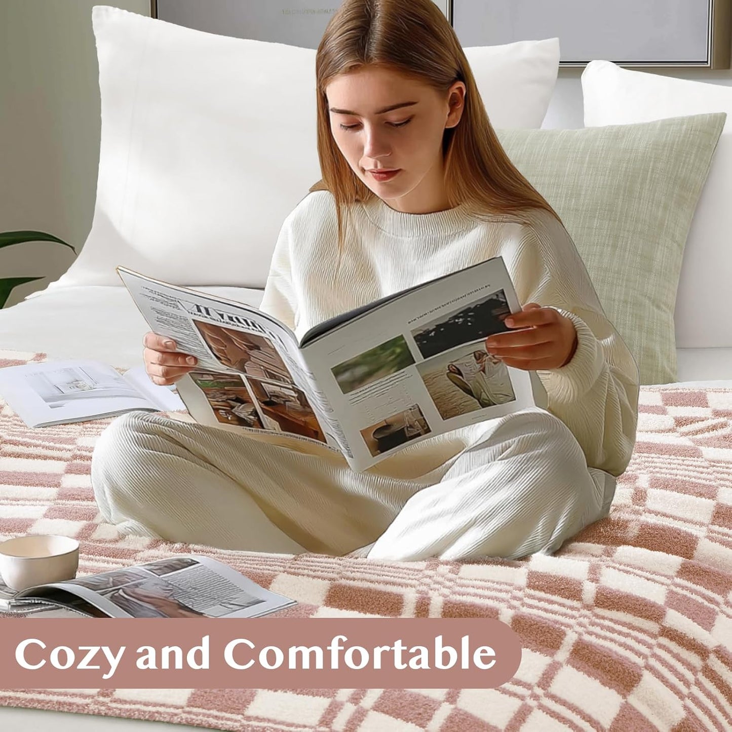 WRENSONGE Checkered Throw Blanket Clay Pink Soft Cozy Fluffy Warm Hand Made Weave Throw Blankets for Couch, Sofa, Chair, Bed, Camping, Picnic, Travel Lightweight Bed Blanket - 60"*80"