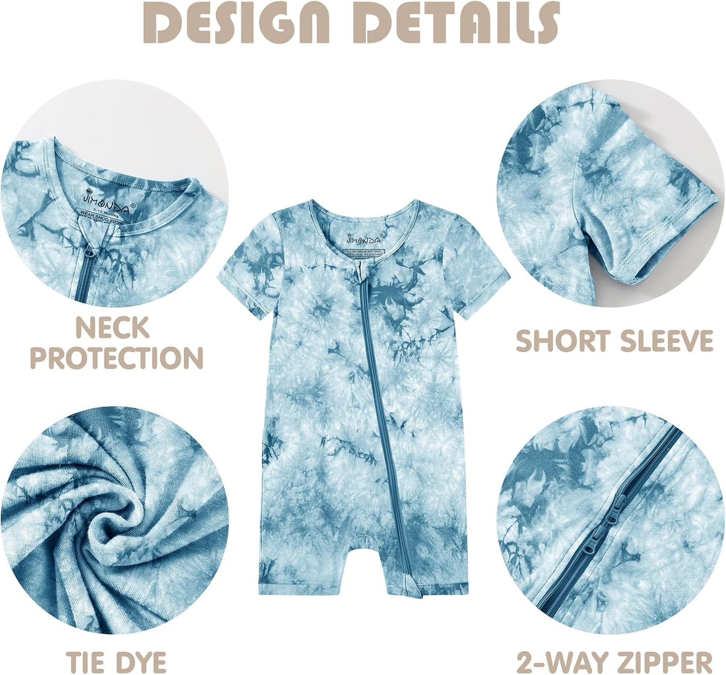 Jimonda Baby Girl Boys Rayon From Bamboo Pajamas 3 Pack Short Sleeve Footless Romper 2 Way Zipper Tie Dye Pjs Sleeper 0-24M