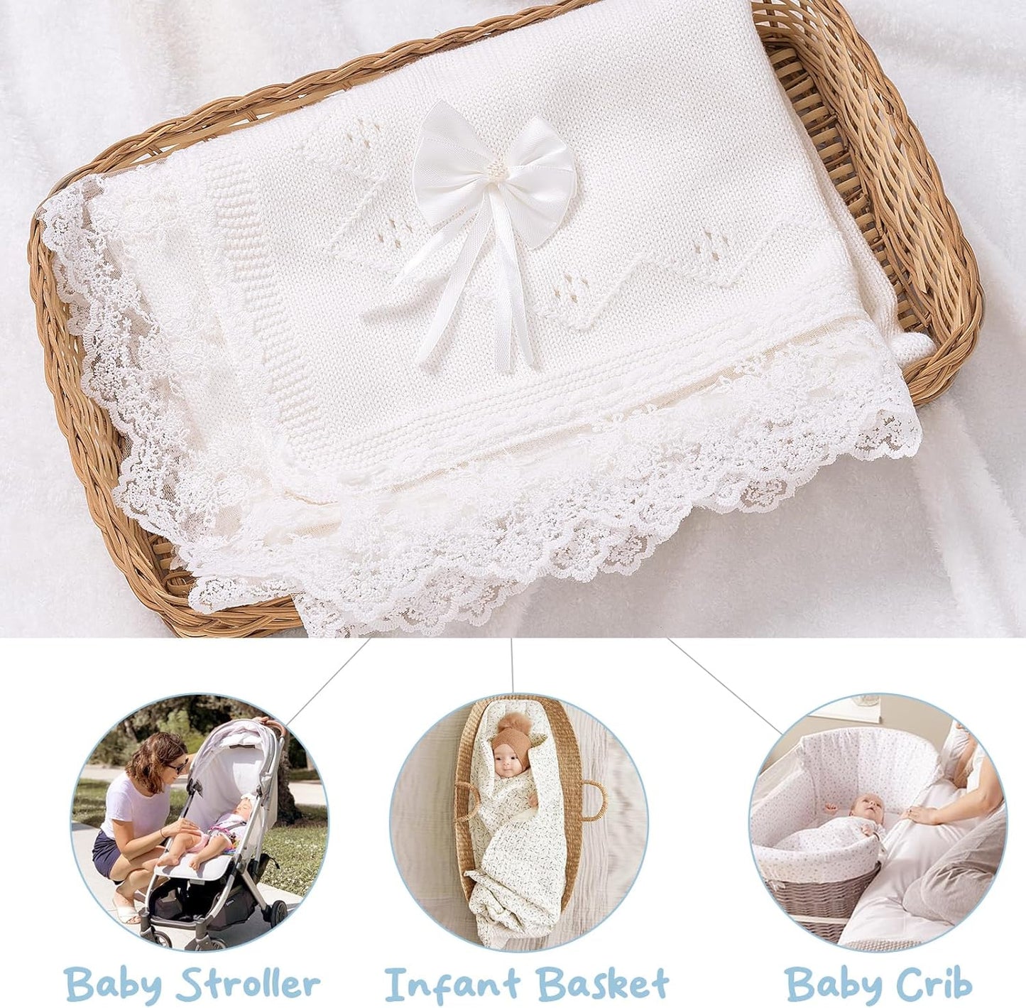 Booulfi Baby Blanket for Girls Boys Swaddles for Newborns Receiving Blankets Neutral Baptism Christening Knit White Baby Blanket Small Baby Crib Blanket, 37x42