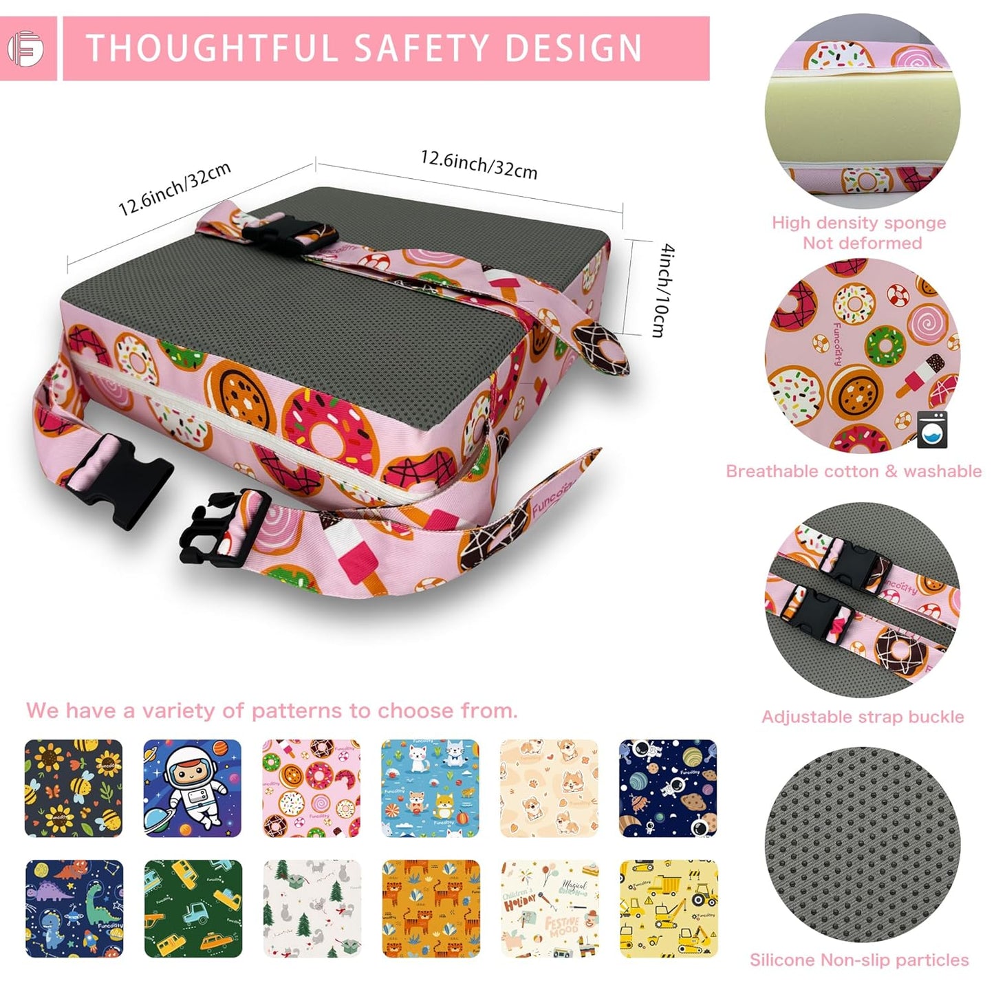 Toddler Booster Seat for Dining Table, Portable Booster Seat for Kitchen Chair, 4 Inch High-Density Foam Cushion with Adjustable Safety Straps and Non-Slip Bottom, Perfect for Kids Travel and Daily