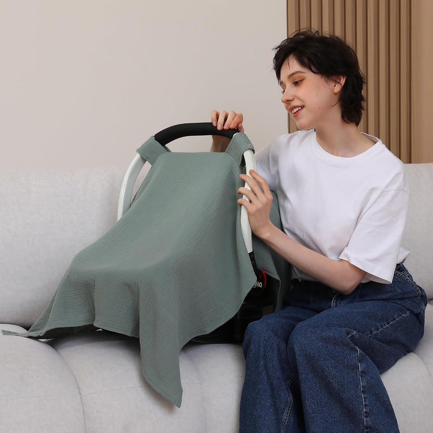 100% Muslin Cotton Car Seat Cover Baby, Carseat Canopy Cover, Universal Fit Stroller Covers for Boys and Girls (Roman Green)