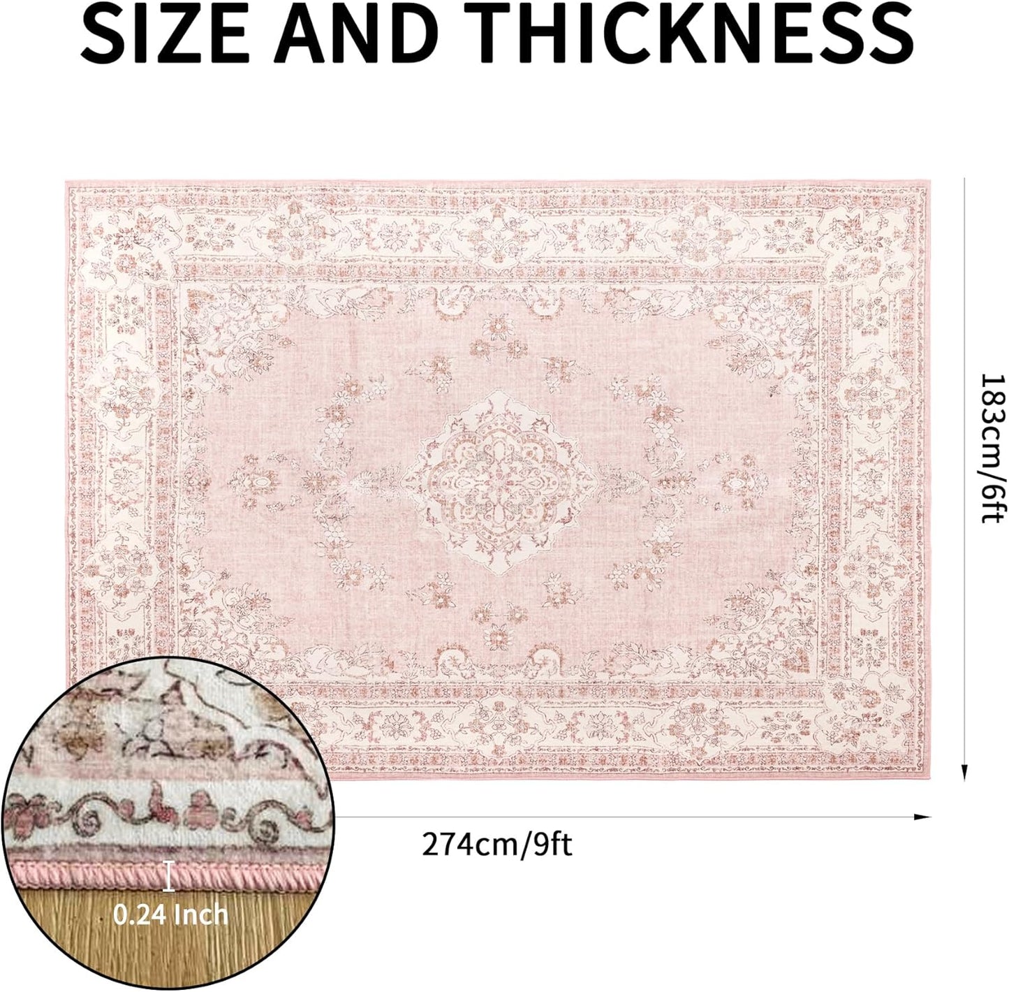 6x9 Area Rugs Washable: Oriental Soft Area Rug for Living Room Bedroom No Shedding - Low Pile Thin Carpet Rug for Dining Room Non Slip - Boho Vintage Rug for Home Decor - Soft Pink