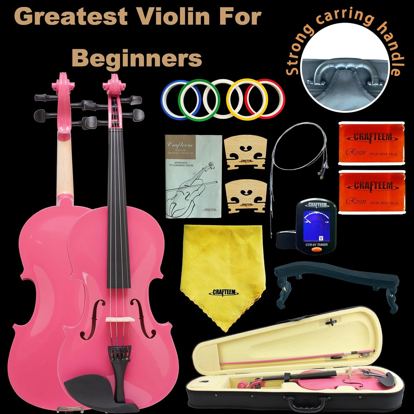 1/2 Fiddle Pink Colored Premium Violin Outfit for Beginners Adults Kids With 5 Color Fingering Tape- Handcrafted Student Beginner Violin.