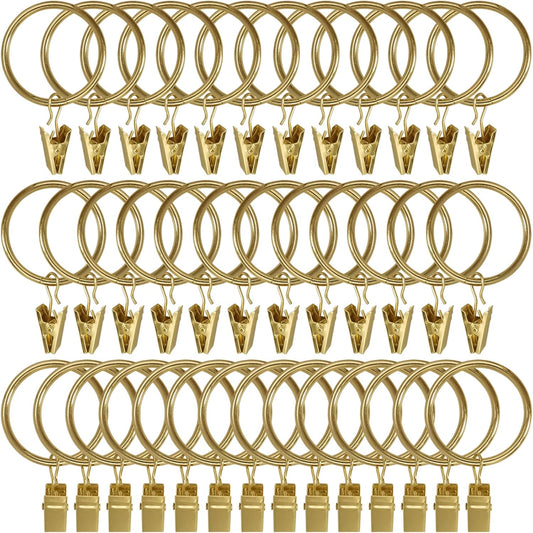 40 Pack Gold Curtain Rings with Clips, Curtain Hooks Hangers Clip Rings for Hanging Drapes Bows Hat, Drapery Rings 1.5 in I D, Fits up to 1.2 in Diameter Curtain Rod.