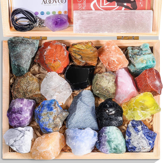 AOOVOO 31Pcs Real Crystals and Healing Stones with Crystal Necklace, Crystals for Beginners with Guide, 21 Real Healing Chakra Stones, Rose Quartz