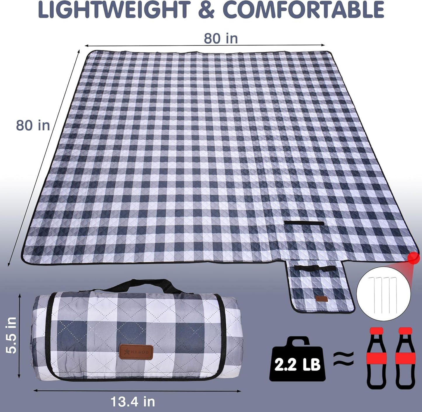HX&OD Outdoor Picnic Blanket, Extra Large, 80''x80'' Waterproof Foldable Blankets Gingham Picnic Mat for Beach, Camping Grass Lawn Park Accessories Cute Couple Ideas Wedding (Gray, 80”x80”)
