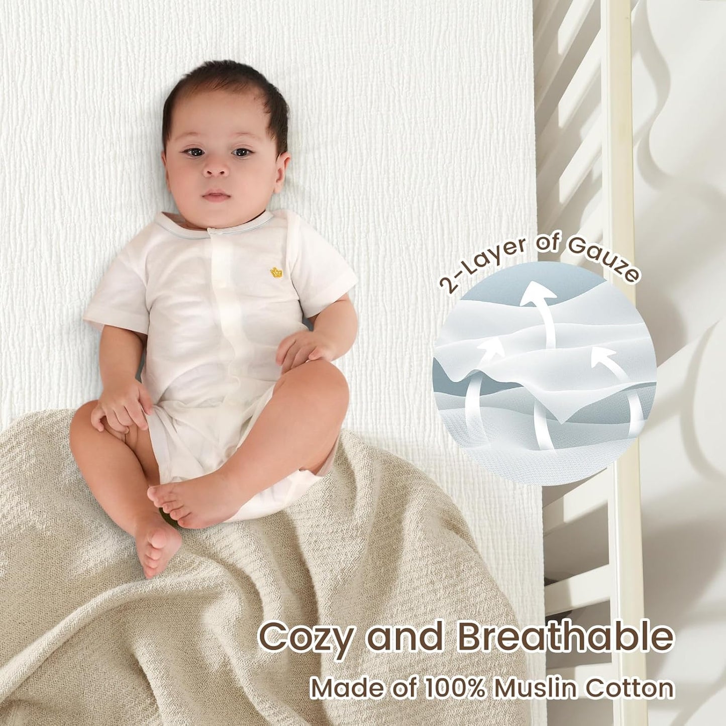 david's kids Muslin Crib Sheets for Boys Girls, 2 Pack 100% Cotton Soft Breathable Fitted Baby Sheet Set, 28x52 Inch Fits Standard Crib and Toddler Mattresses, Snow White & English Rose