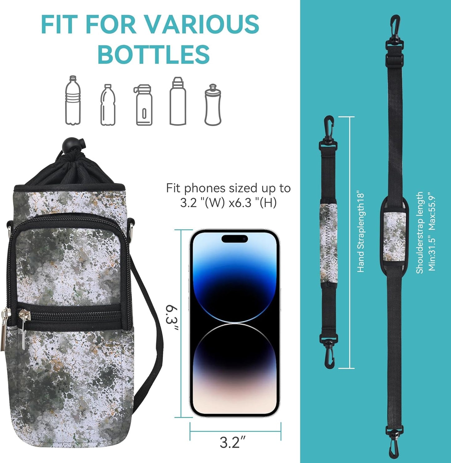 icolor Water Bottle Carrier Bag with Strap 25/32/40 oz Crossbody Bottle Holder with Phone Pocket Sling Sleeve Insulated Neoprene Water Bottle Pouch for Walking Travelling