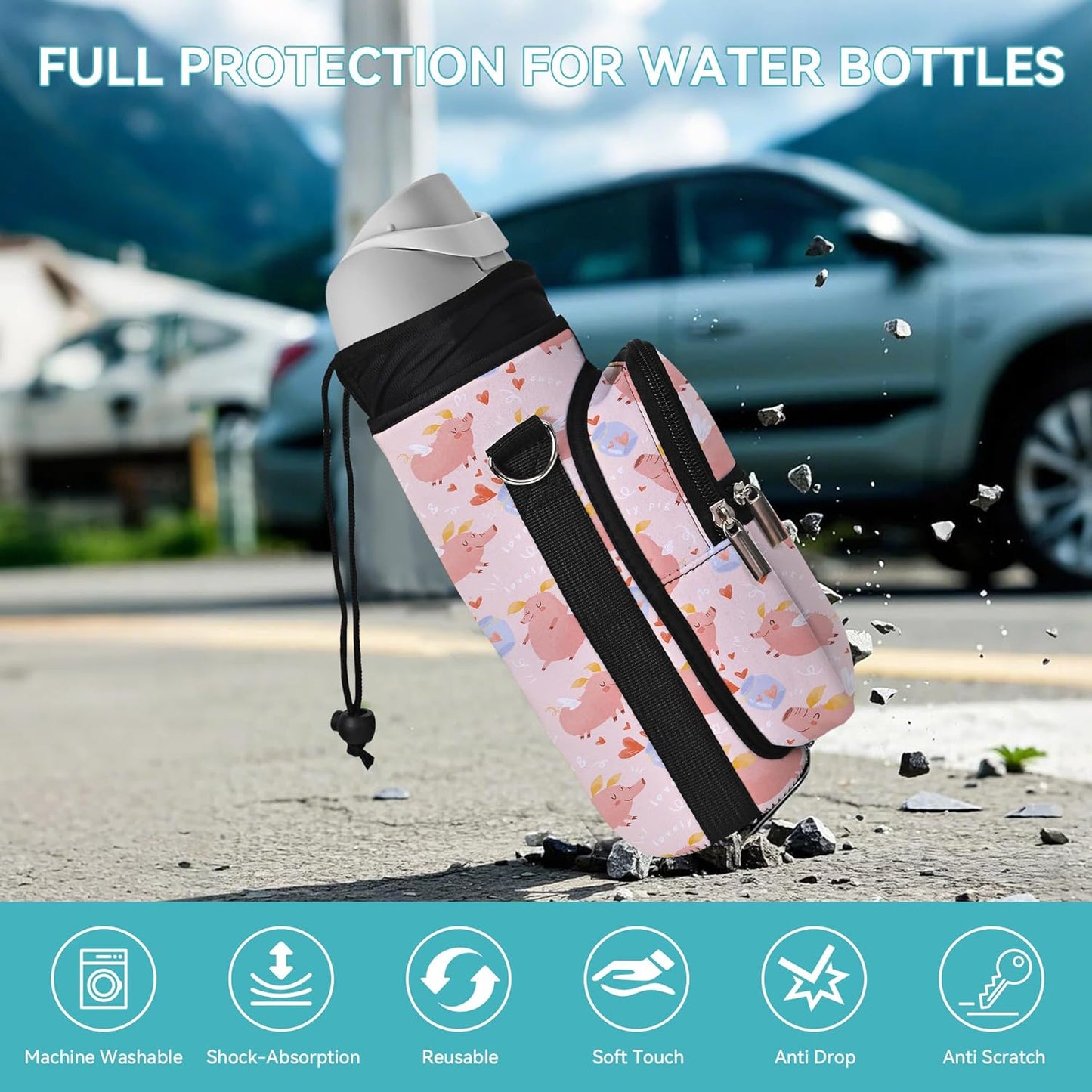 25/32/40/64oz Water Bottle Bag Holder Carrier-Insulated Crossbody Sling Case Sleeve with Strap & Pockets for Men Women Gym Cycling Travel Walking Hiking Camping