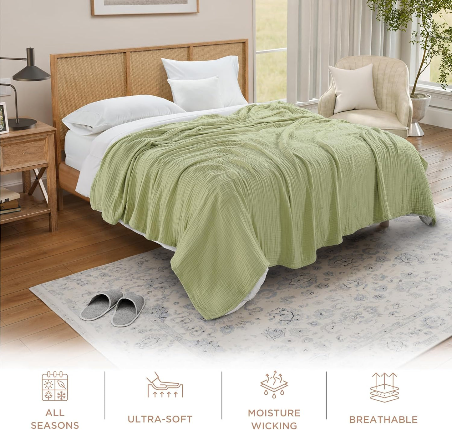 Threadmill Muslin Queen Blankets | Soft, Cozy and Breathable Muslin Throw for Bed | 4-Layer Gauze Blanket for All Seasons | Lightweight Blanket Fits Full Size Bed | Sage Green