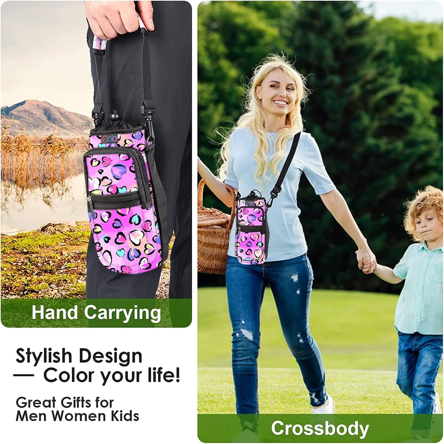 icolor Water Bottle Carrier Bag with Strap 25/32/40 oz Crossbody Bottle Holder with Phone Pocket Sling Sleeve Insulated Neoprene Water Bottle Pouch for Walking Travelling