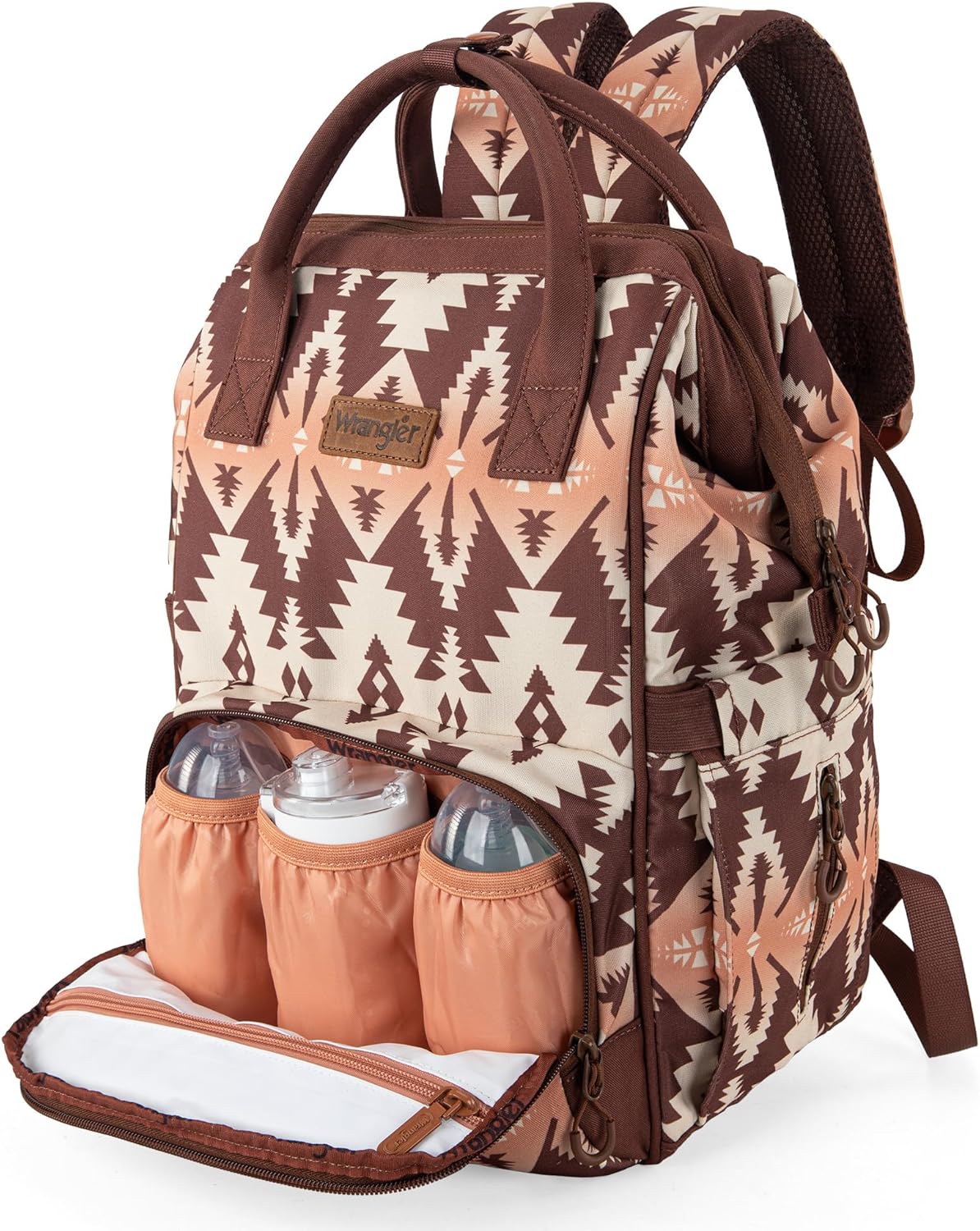 Wrangler Aztec Backpack Organized Daypack Travel Baby Bag with Stroller Strap and Side Bottle Pockets WG2204-9110BR