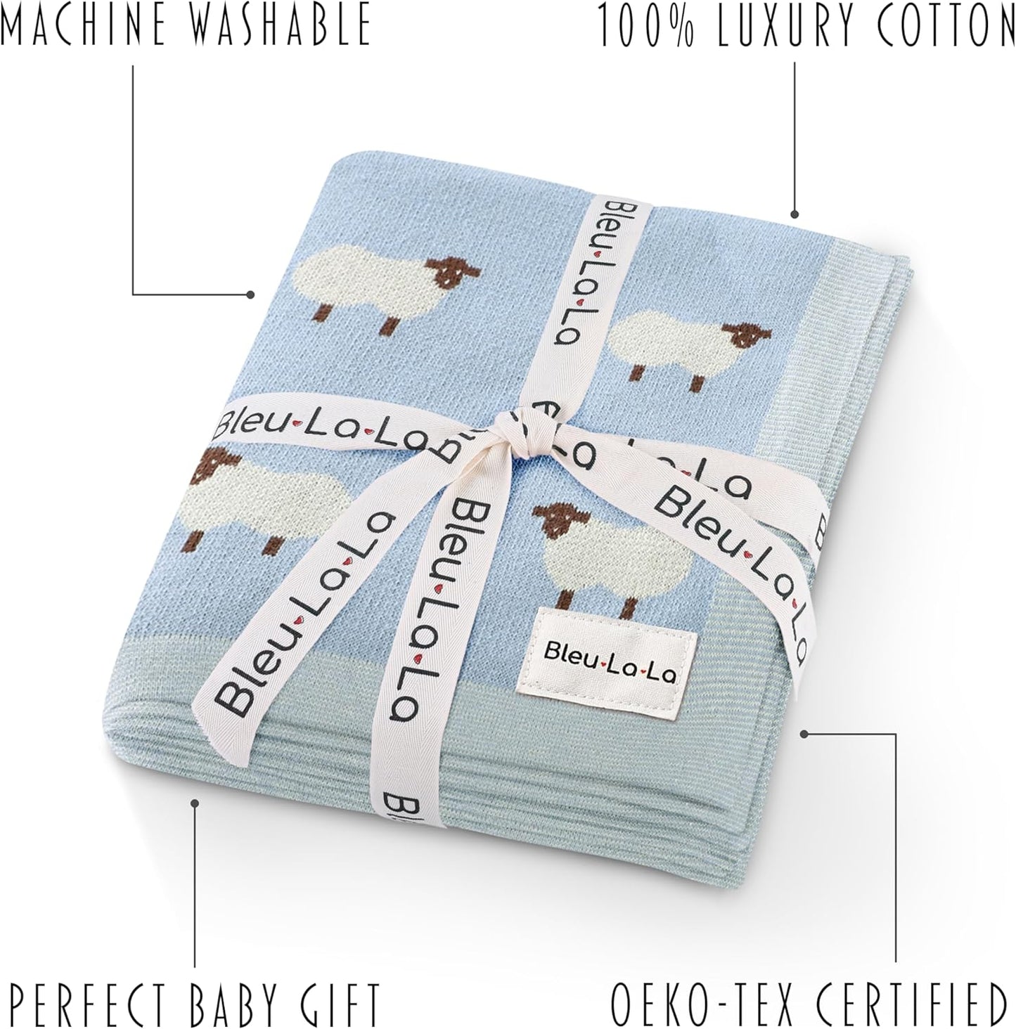 Knit Baby Swaddle Blanket for Boys - 100% Cotton Soft Cozy Lightweight Receiving Swaddling Crib Stroller Quilt Blanket for Newborns Infants Toddlers (Sheep - Baby Blue)