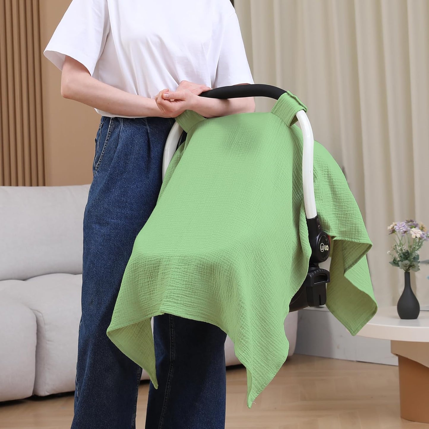 100% Muslin Cotton Car Seat Cover Baby, Carseat Canopy Cover, Universal Fit Stroller Covers for Boys and Girls (City Green)