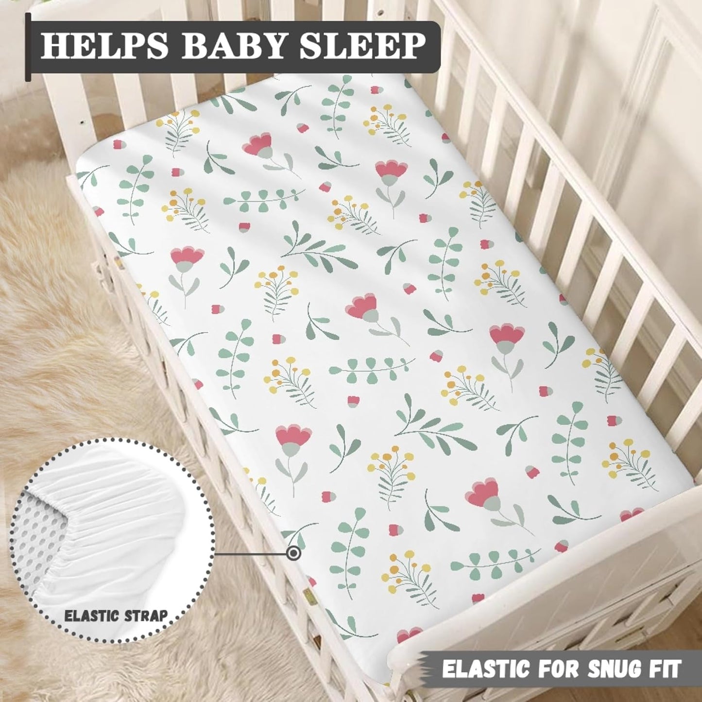 Floral Pattern Flowers and Leaves Fitted Crib Sheet Tulip Flower Baby Crib Sheet Fit Standard Crib and Toddler Mattress,Crib Mattress Sheets for Boys Girls 28"x52"