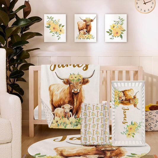 Personalized Baby Crib Bedding Set, 5-Piece Highland Cow Design Baby Crib Sets with Custom Name, Toddler Double Layer Blanket Fitted Sheets Changing Pad Cover Rug Wall Art Set, Charming Nursery Decor