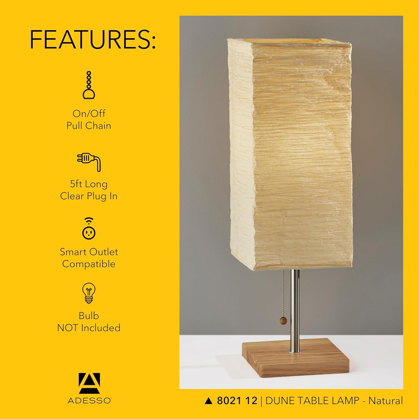 Adesso 8021-12 Dune Table Lamp, 25 in., 100 W Incandescent/ 26W CFL, Natural Rubber Wood/Steel Accents, 1 Table Lamp , White