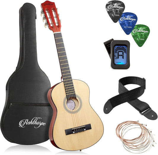 Ashthorpe 30-inch Beginner Acoustic Guitar Package (Natural), Basic Starter Kit w/Gig Bag, Strings, Strap, Tuner, Picks