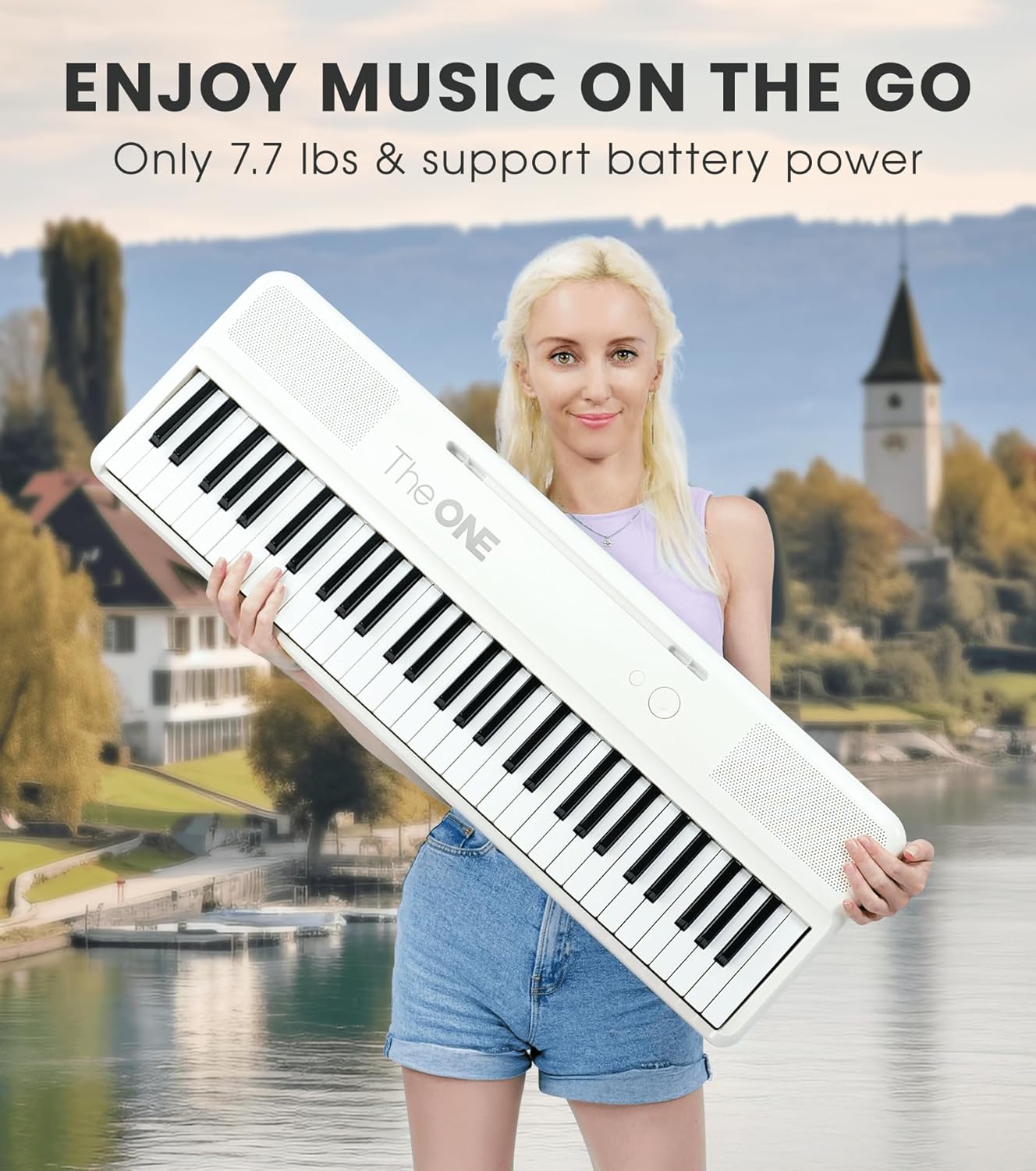 The ONE Smart Keyboard COLOR 61 Lighted Keys Piano Keyboard, Electric Piano for Beginners with 256 Tones, 64 Polyphony, Built-in LED Lights & Apps, Supports USB MIDI/Headphones (White)