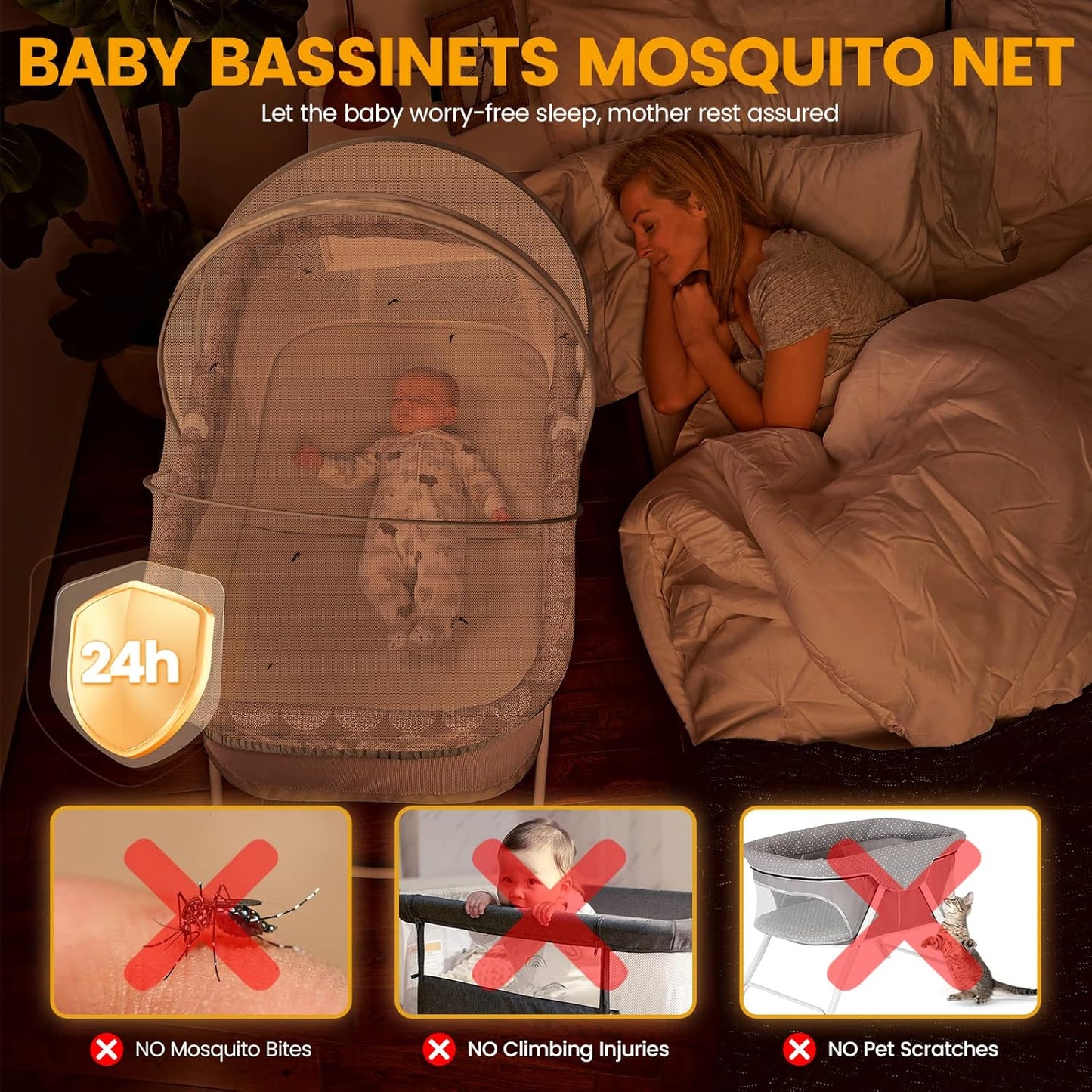 Orzbow Bassinet Cover with Two-Way Zippers & Storage Bag, Bassine Mosquito Net Cover for Bedside Sleeper to Keep Cats Out - Infant from Mosquito Bites and Falling Protection, White