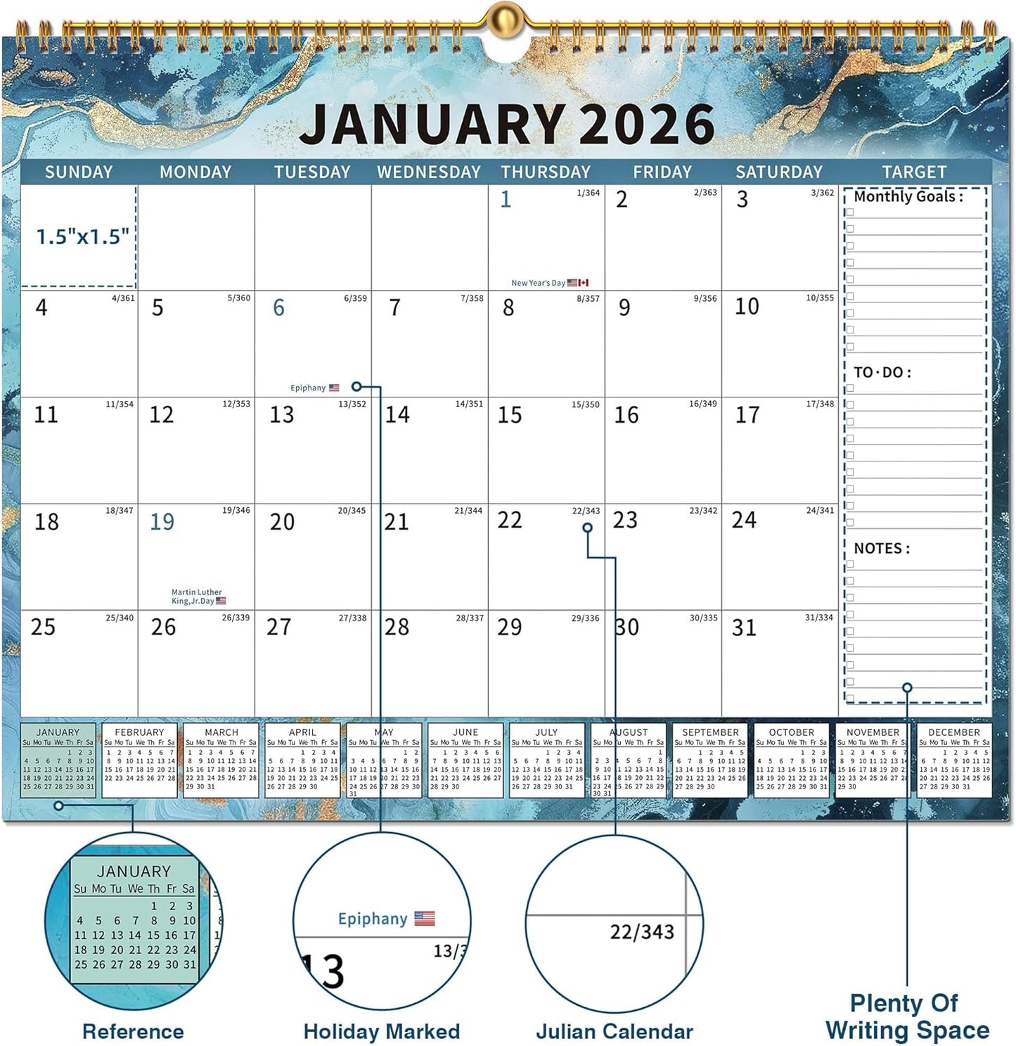 2025-2026Calendar, 18 Month Wall Calendar 2025-2026 Hanging Spiral Bound Magnetic Fridge Desk Calendars 15" x 12", Jul 2025 - Dec 2026, A- Small Rainbow