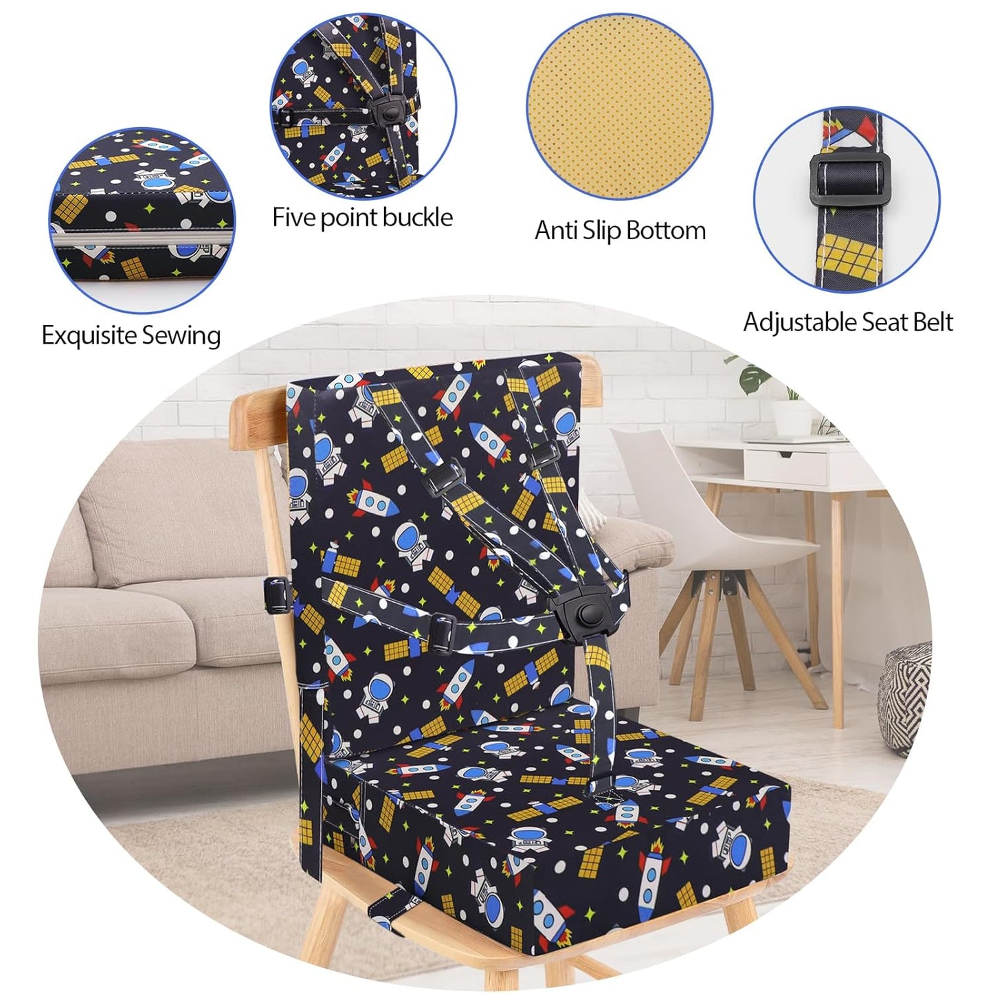 Toddler Booster Seat for Dining Table, Adjustable Safety Buckle Child Booster Seat with Backrest, PU Waterproof Easy Cleaning Portable Booster Cushion (Black)