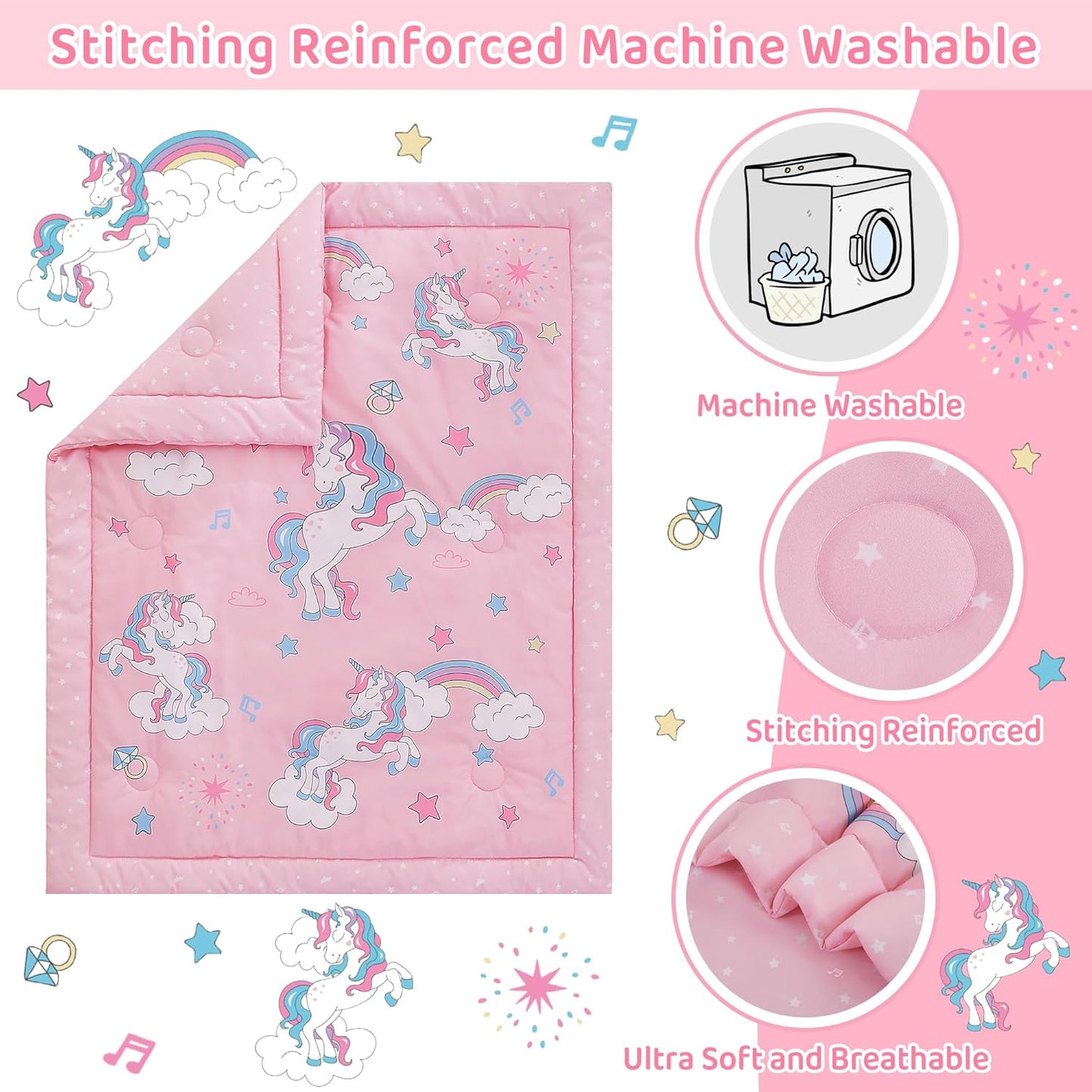 Viviland 3 Pieces Baby Bedding Set for Boy Girls, Baby Bedding Set for Newborn, Infant & Toddler - Unicorn