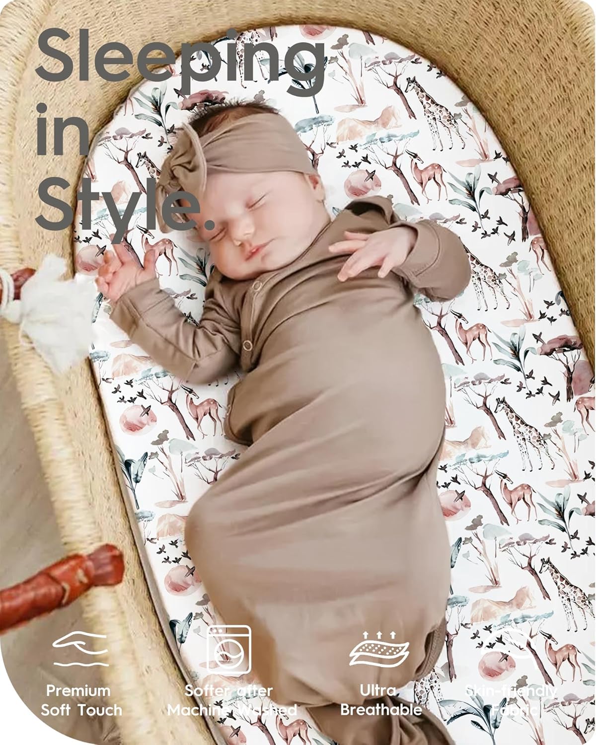 Bassinet Sheets for Baby Girl, TotBasic Silky Soft Universal Bassinet Fitted Sheet, Compatible with Halo, Mika Micky, Baby Delight, Dream On Me, Maxi COSI and More Bassinet Mattress(Pink Safari)