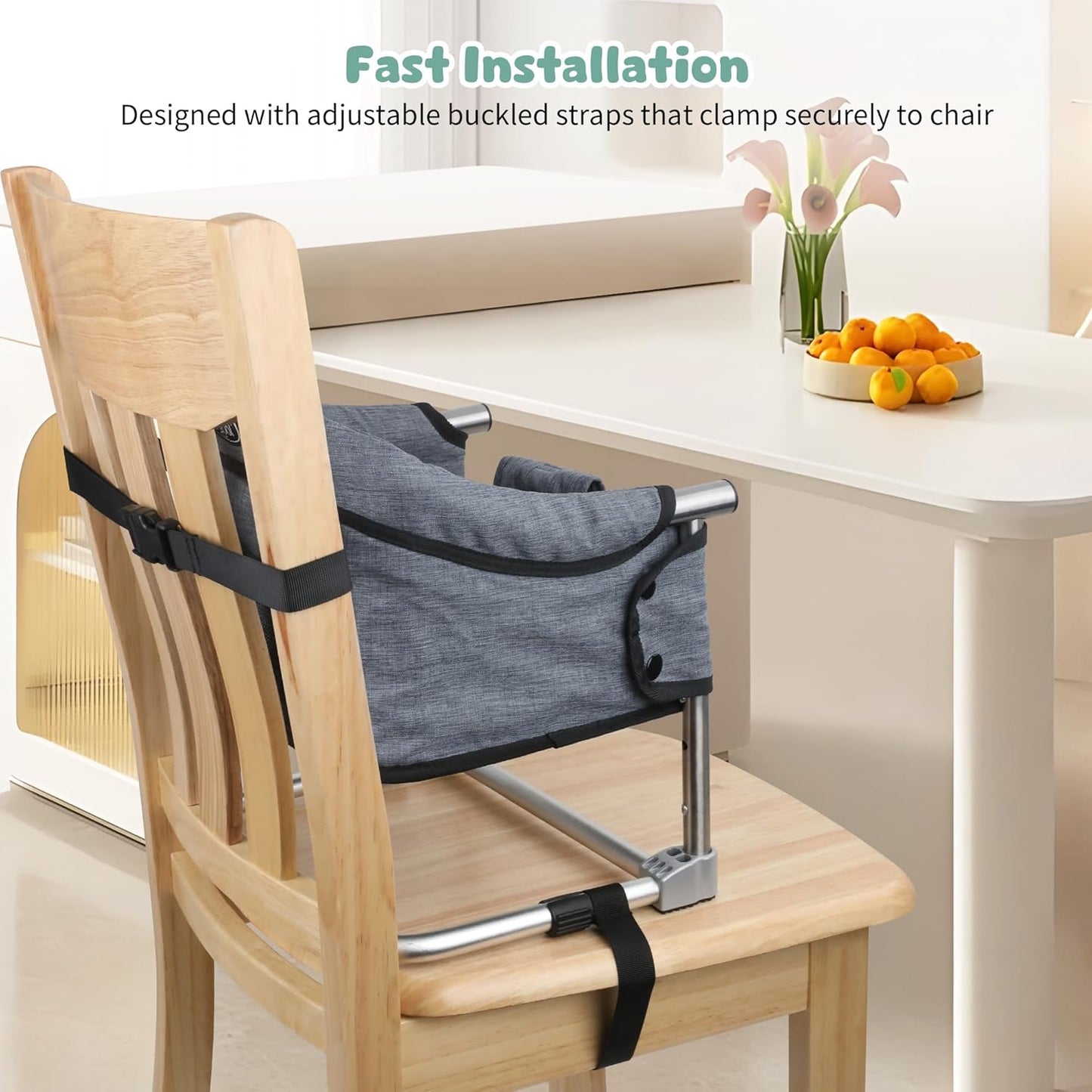 Booster Seat for Dining Table: Portable Toddler Booster Chair with Safety Buckle and Height Adjustable, Foldable Baby Feeding Chair, Kids High Chair Booster Seat for Kitchen Home Travel - Grey