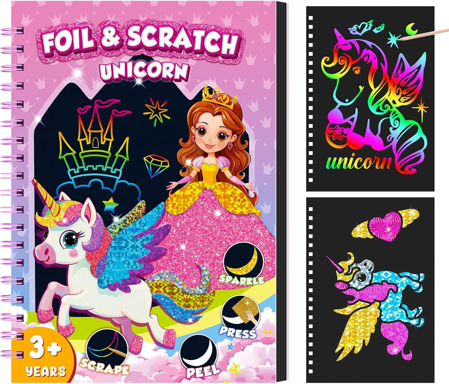 homicozy Art & Craft Activity for Kids: Foil Fun Unicorns and Princess & Scratch Art Book 2-in-1,No Mess Art Crafts for Girls,DIY Creative Activity Kit,Gifts for Girls Ages 4,5,6,7,8,9, Travel Toys